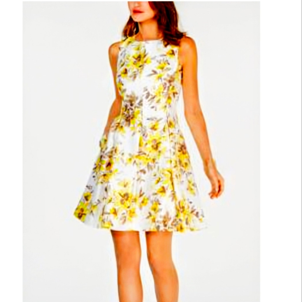 Jessica Howard Retro 60s Sleeveless Scoop Neck Fit Flare White Yellow Floral 10 - Picture 3 of 16